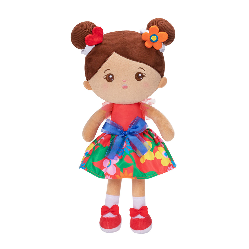 Muñeca de niña de peluche con vestido floral rojo en tono de piel marrón personalizado