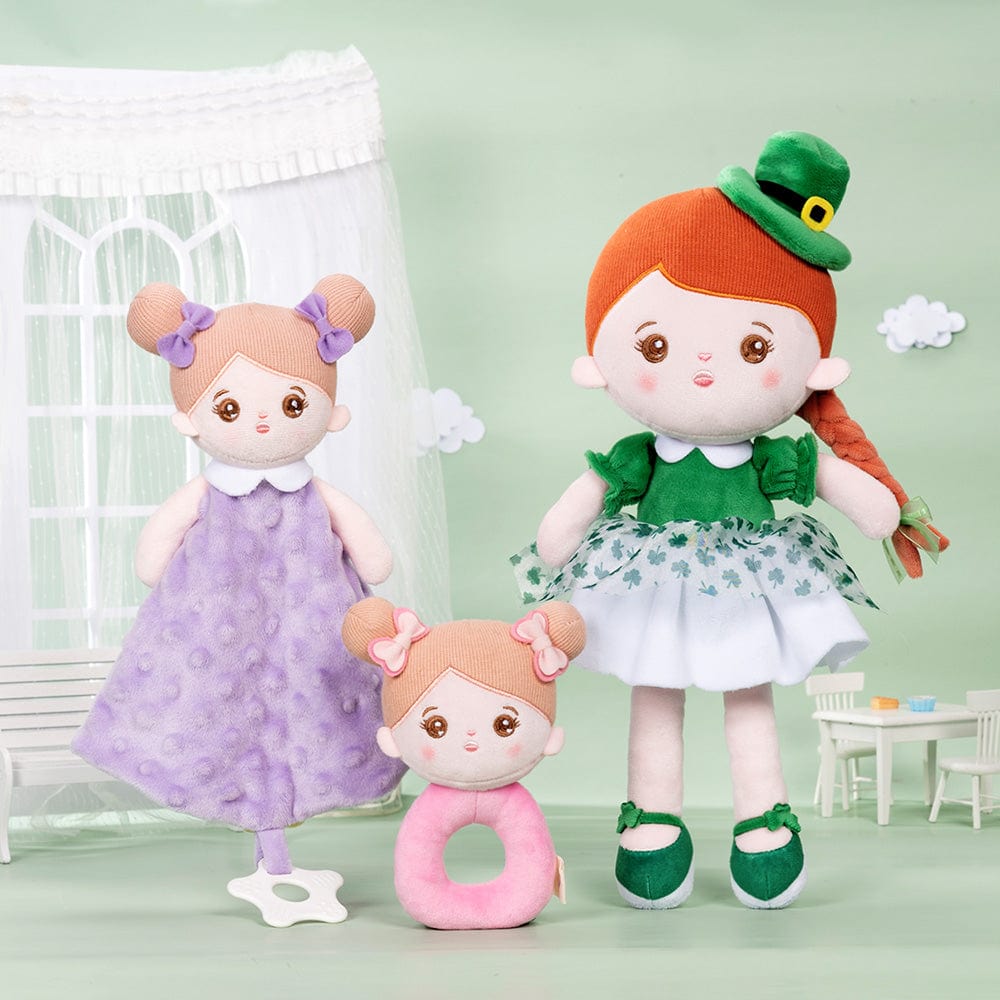 OUOZZZ Personalized Red Hair Green Clover Plush Doll With Rattle & Towel🔔