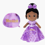 Muñeca de princesa morada de peluche personalizada con tono de piel profunda