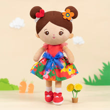 Indlæs billede til gallerivisning Personalized Brown Skin Tone Red Floral Dress Plush Baby Girl Doll
