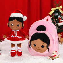 Ladda upp bild till gallerivisning, OUOZZZ Personalized Deep Skin Tone Red Christmas Plush Baby Girl Doll With Pink Bag
