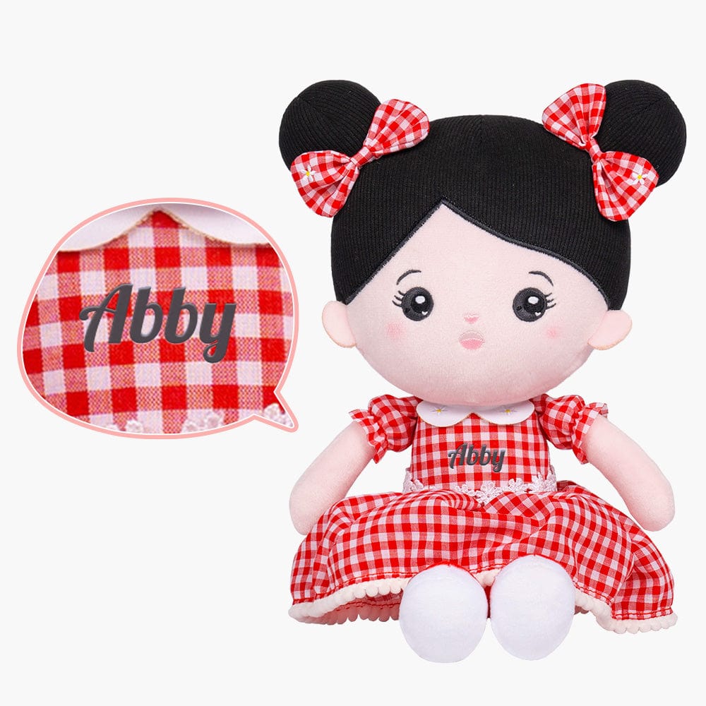 OUOZZZ Personalized Black Hair Red Plaid Dress Plush Baby Girl Doll Only Doll⭕️