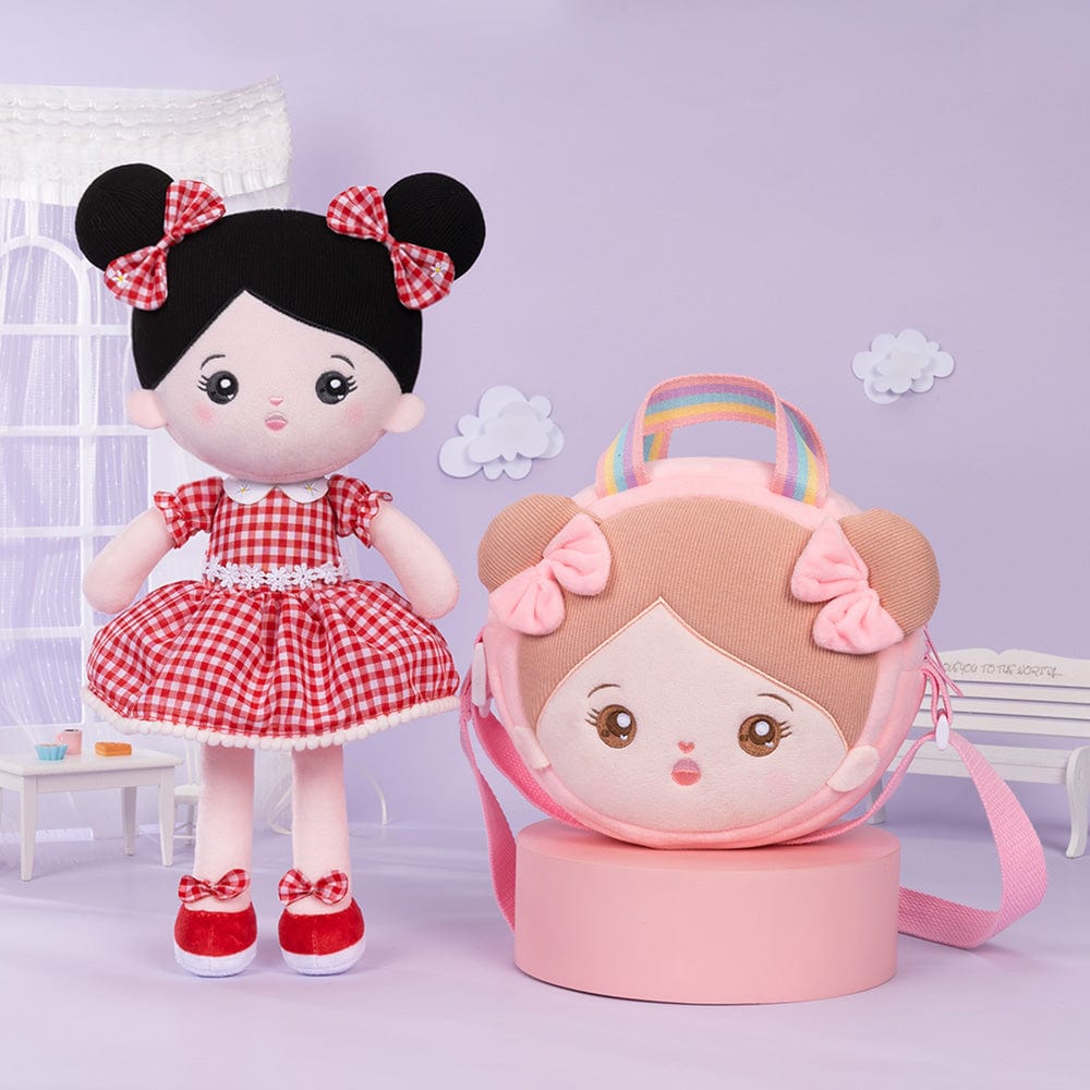 OUOZZZ Personalized Plush Doll + Shoulder Bag Combo Red Plaid Dress Doll / With Shoulder Bag