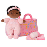 Juego de regalo y muñeca de bebé niña de peluche en tono piel profunda rosa personalizado