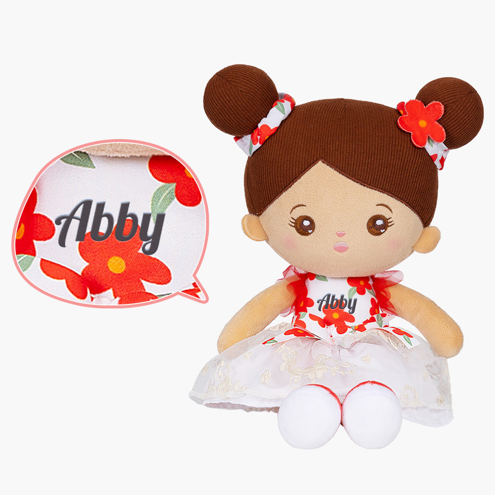 Personalized Brown Skin Tone White Floral Dress Plush Baby Girl Doll