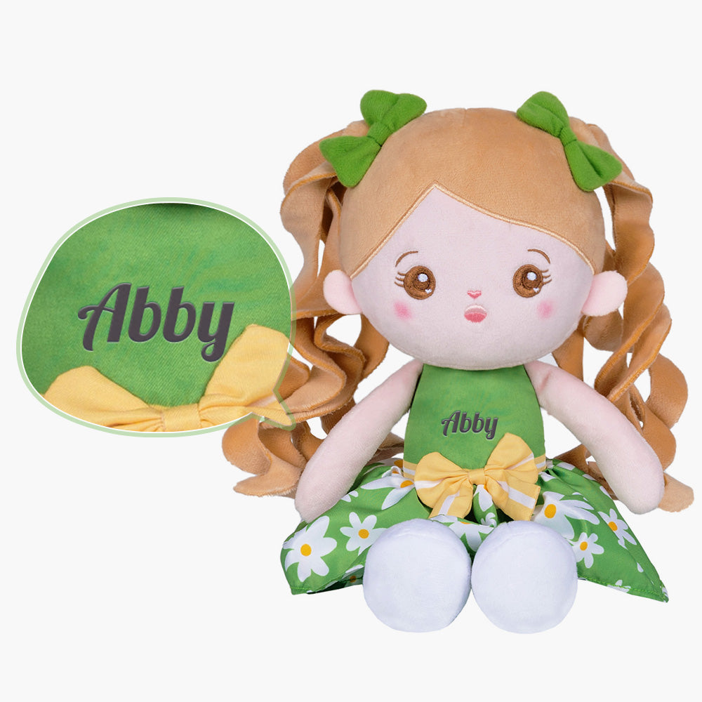 Personalized Green Floral Dress With Braid Plush Baby Girl Doll