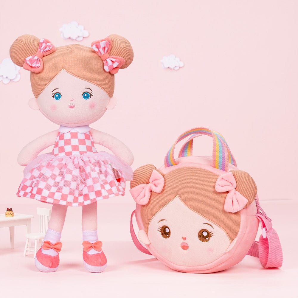 OUOZZZ Personalized Plush Doll + Shoulder Bag Combo Pink Plaid Skirt Doll / With Shoulder Bag