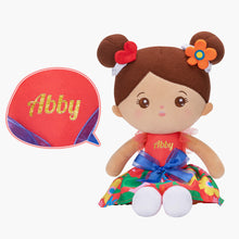 Load image into Gallery viewer, Personalized Brown Skin Tone Red Floral Dress Plush Baby Girl Doll