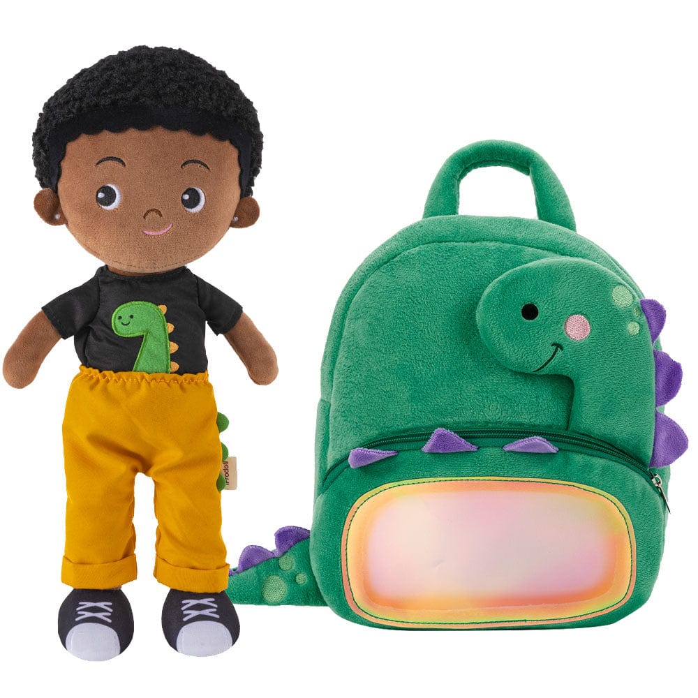 OUOZZZ Personalized Plush Rag Baby Girl Doll + Backpack Bundle -2 Skin Tones Aiden Dinosaur / With Backpack